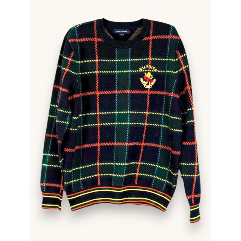 Y2K Tommy Hilfiger Plaid Crest Sweater Preppy Dark Academia Women's Sm